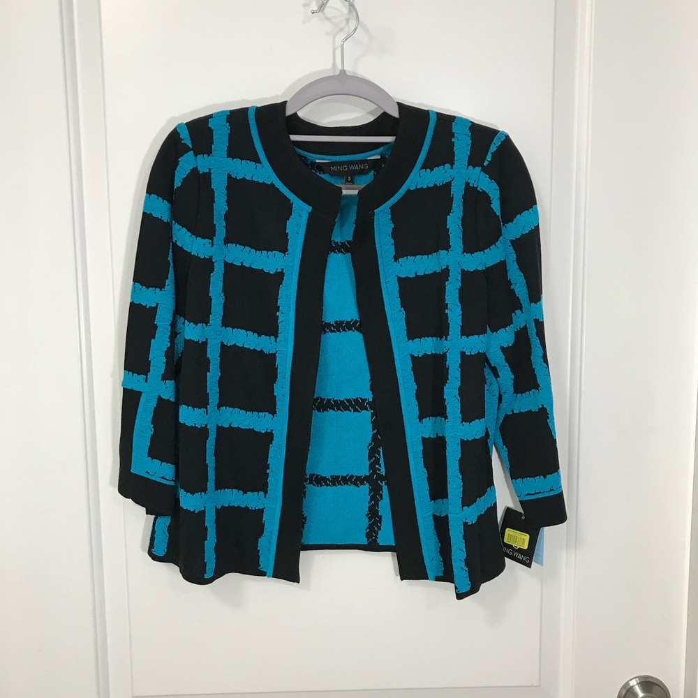 Ming Wang Black and Blue Grid Cardigan
